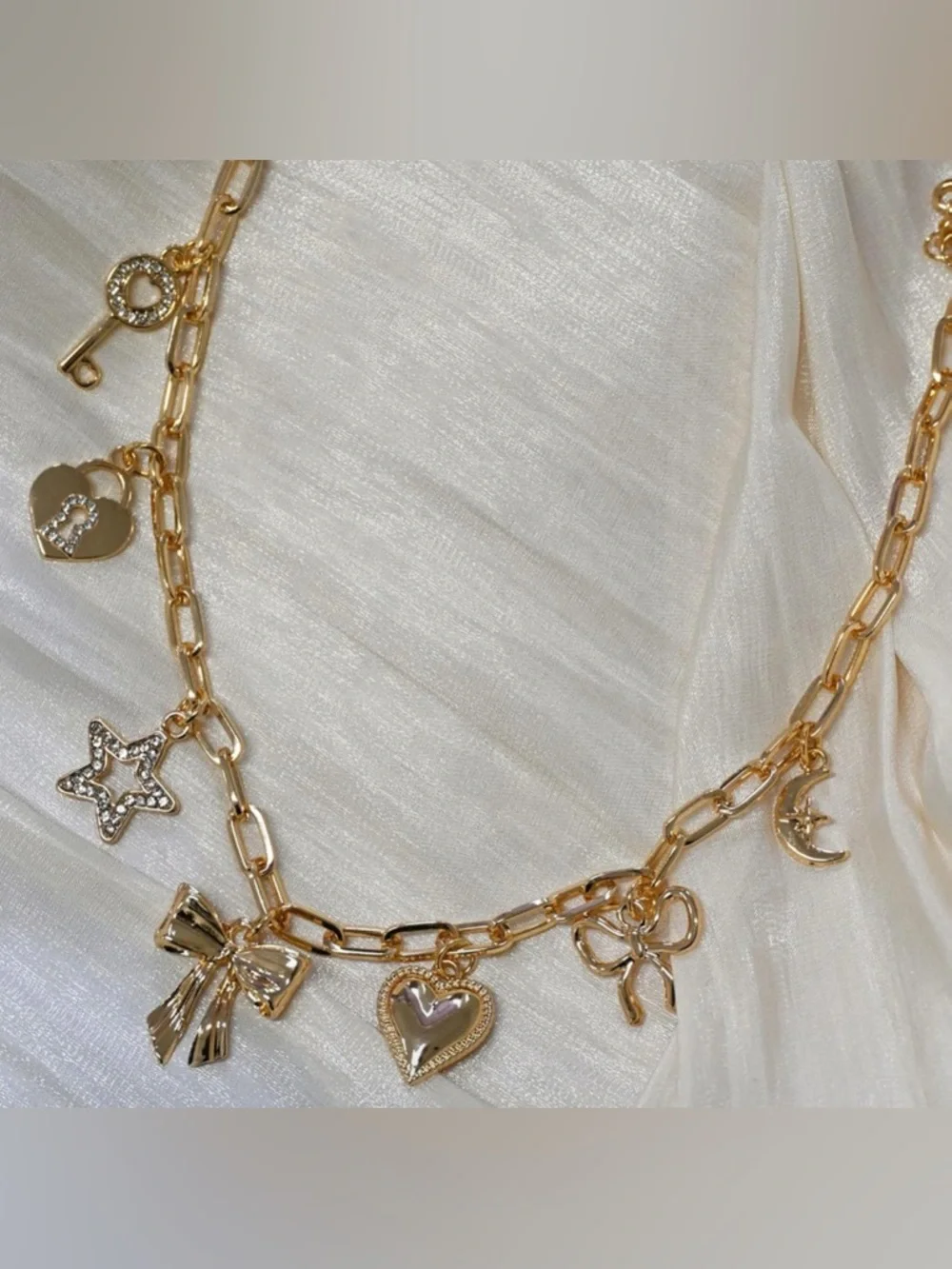 Gold Charm Bow Necklace with Heart & Star Charms - Women Jewelry